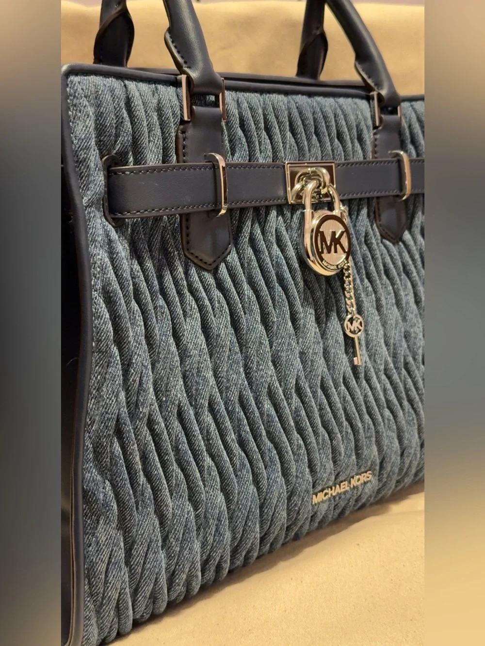 Michael Kors Navy Denim Satchel with Lock and Key Charms
